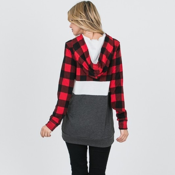 Grey & Red Color Block Buffalo Plaid Hoodie - Picture 4 of 4